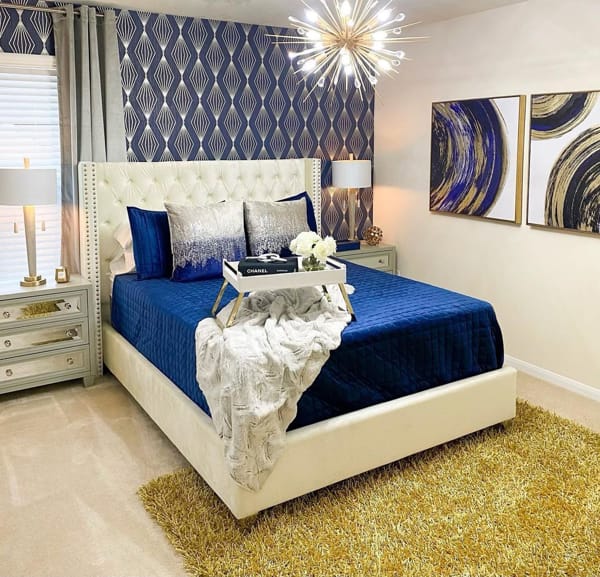 Glam Sapphire and Gold Bedroom Design