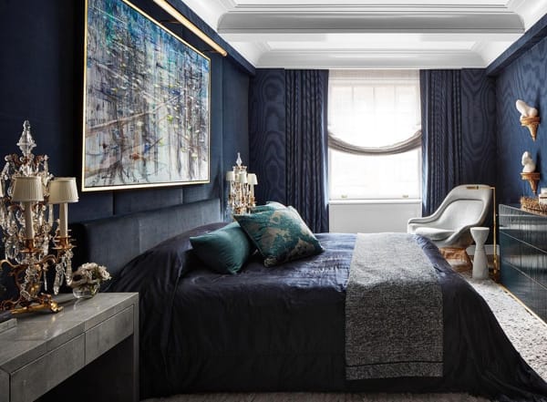 Bedroom Design with Blue Velvet Upholstered Wall