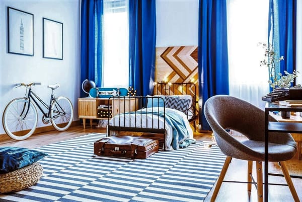 Bedroom Design with Cobalt Blue Window Treatment