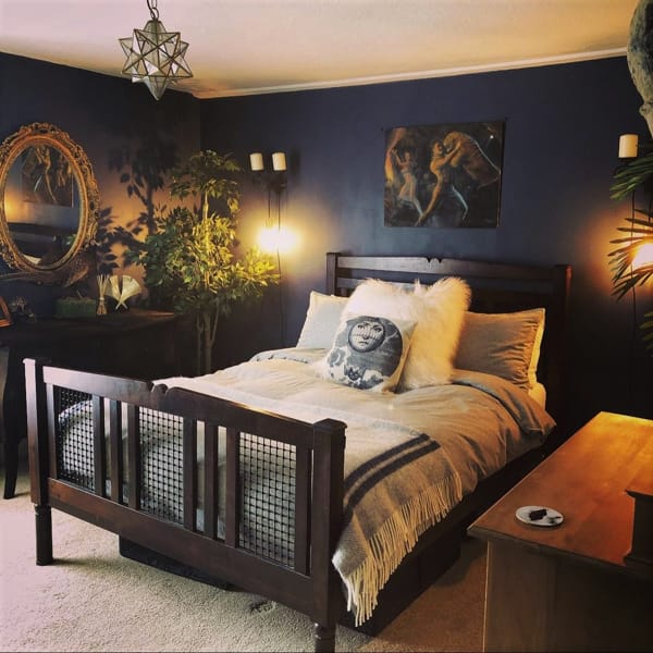 Midnight Blue and Earthy Toned Bedroom
